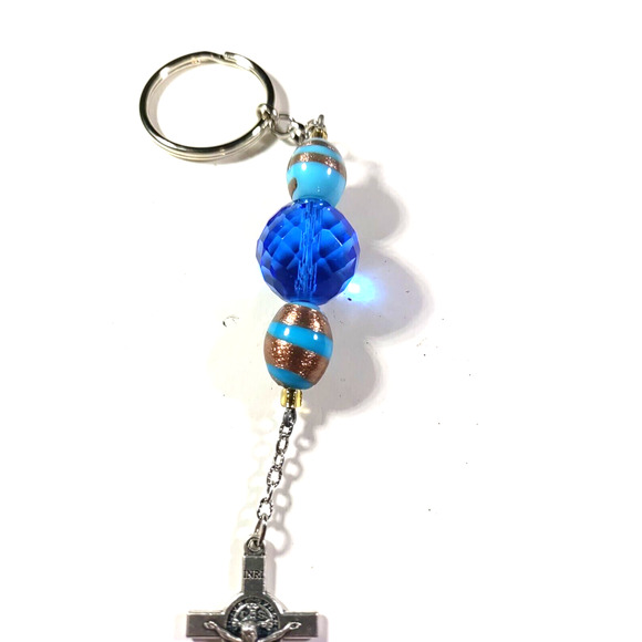 Cross Blue Beaded Keychain Long - Picture 6 of 7
